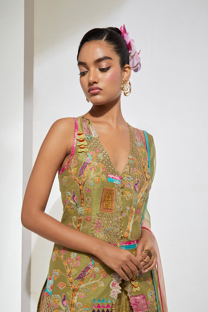 Sage Green Embroidered Sharara Set with Kurta &amp; Dupatta