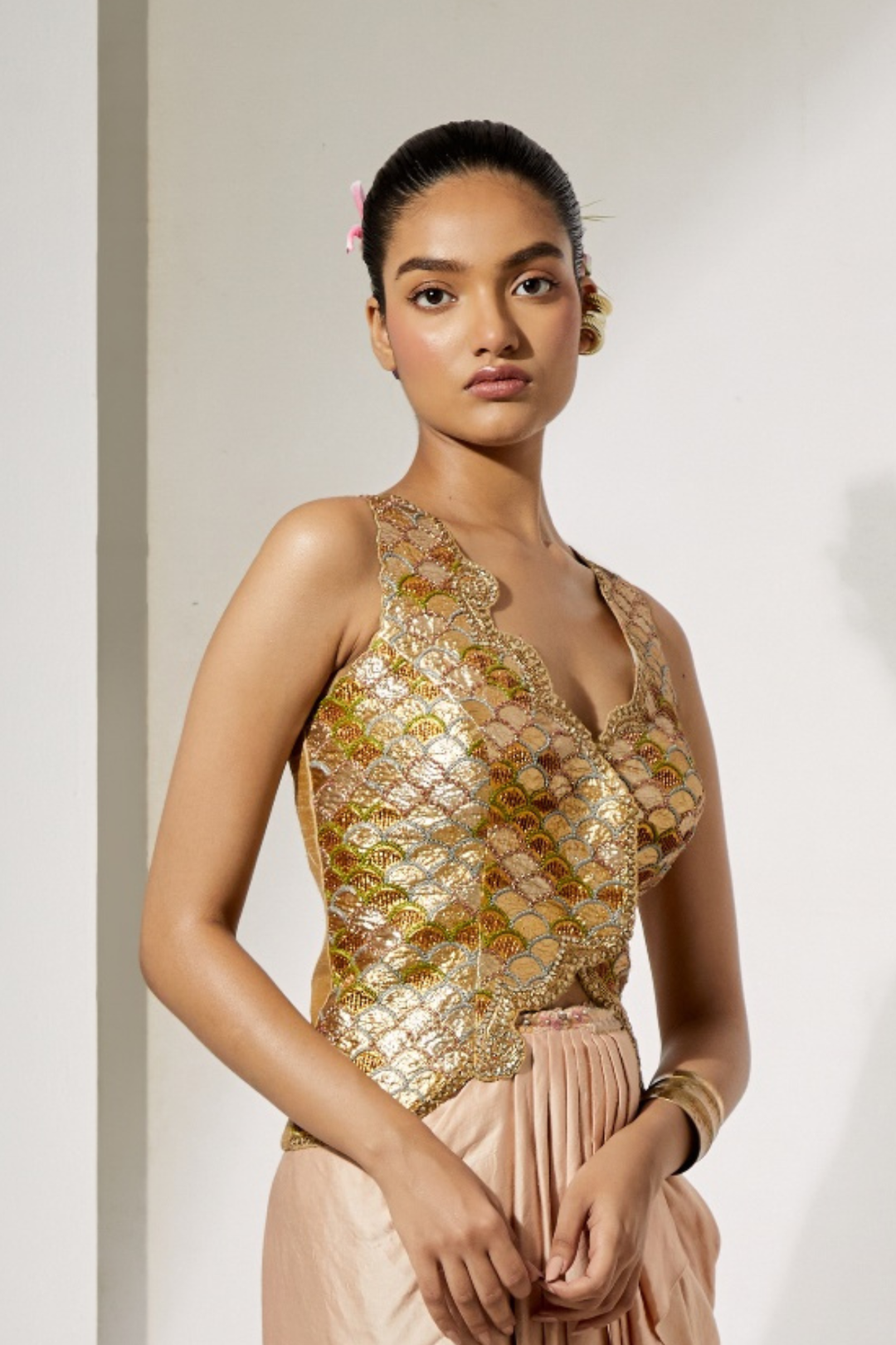 Yellow Organza Skirt with Floral Thread Embroidery+Gold Ebroidered Corset