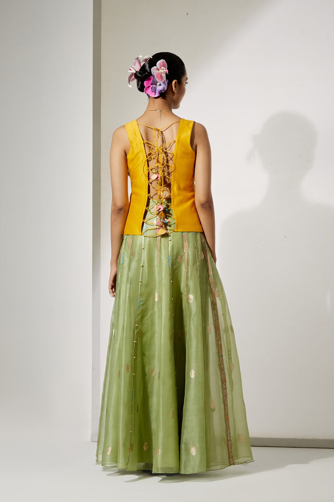 Sunflower Embroidered Corset &amp; Green Organza Skirt Set