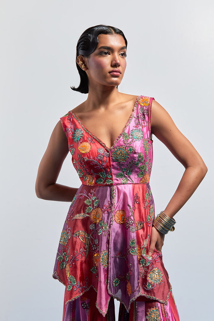 MAuve pink ombre Embroidered peplum sharara set