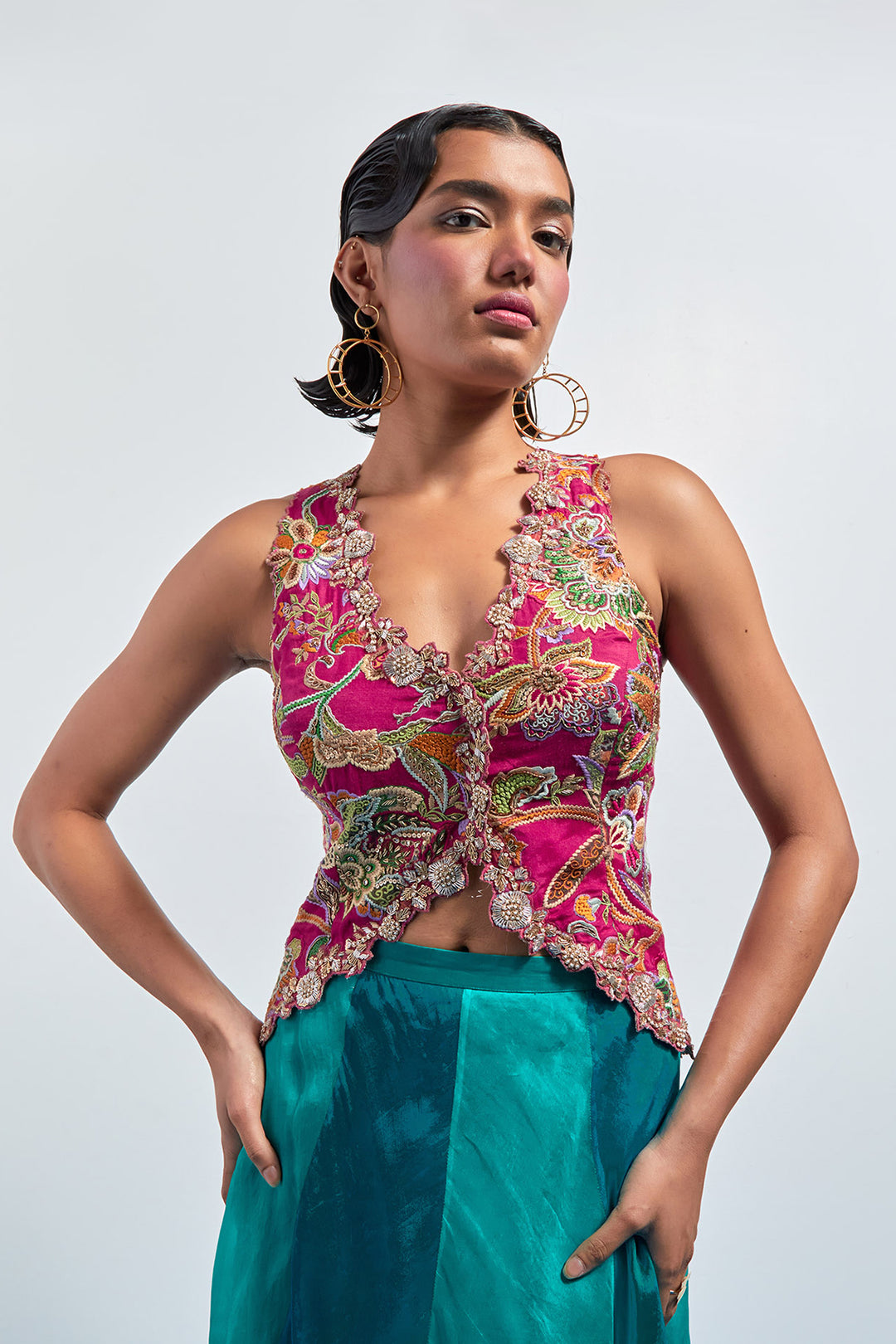 Fuchsia Embroidered Corset with Teal Organza Skirt