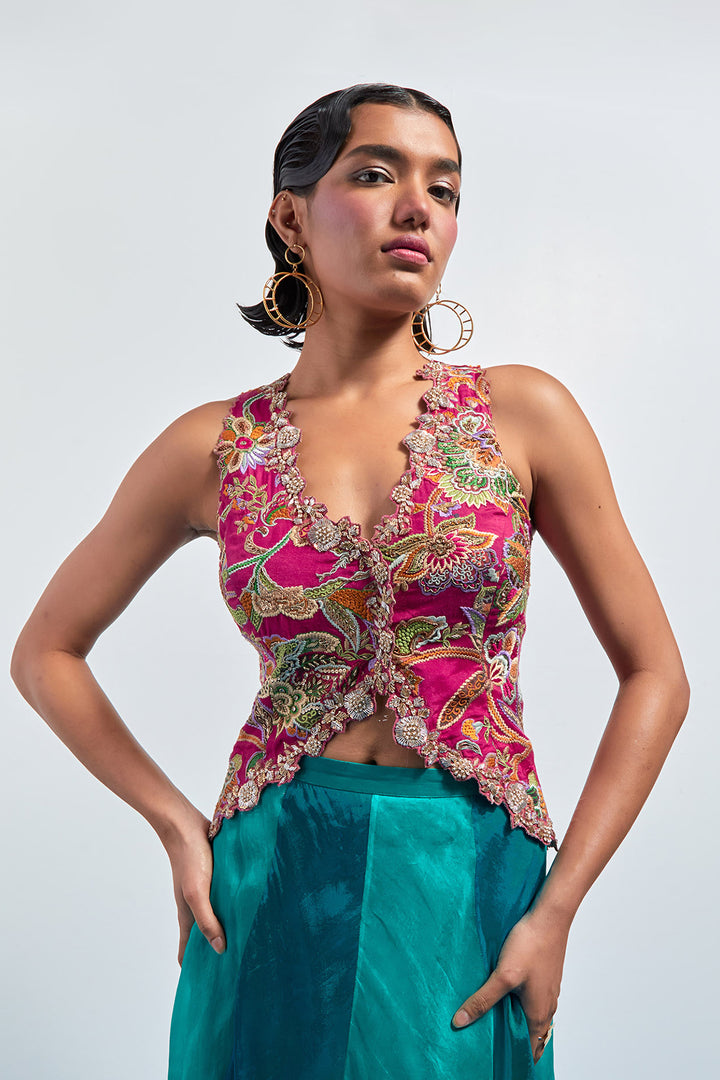 Fuchsia Embroidered Corset with Teal Organza Skirt