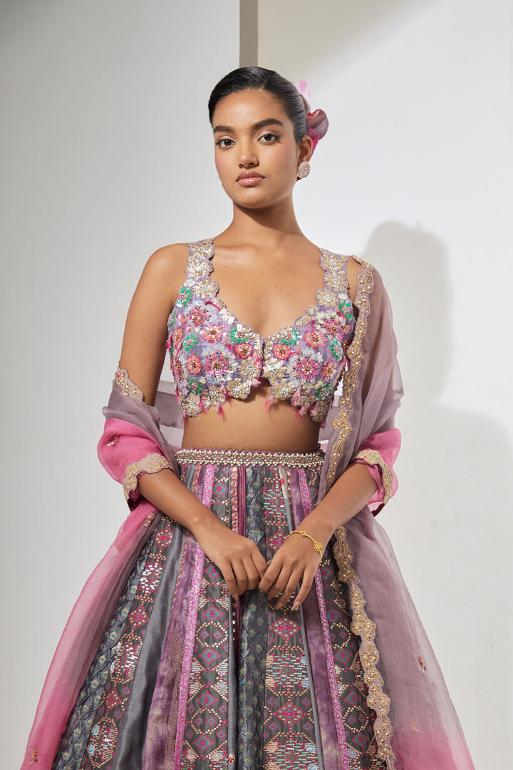 Lilac Patchwork Lehenga Set with Floral Embellished Bralette &amp; Ombre Dupatta
