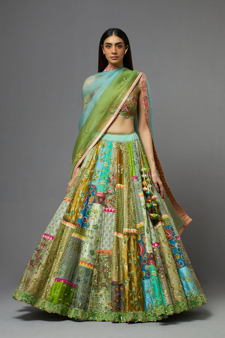 Multicolour panelled lehenga set with dupatta