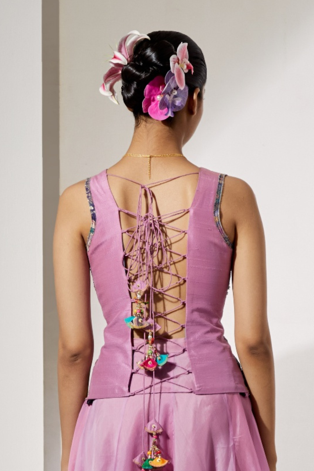 Dusty Mauve Embroidered Organza Skirt+Indigo Folk Art Handwork Cropped Vest