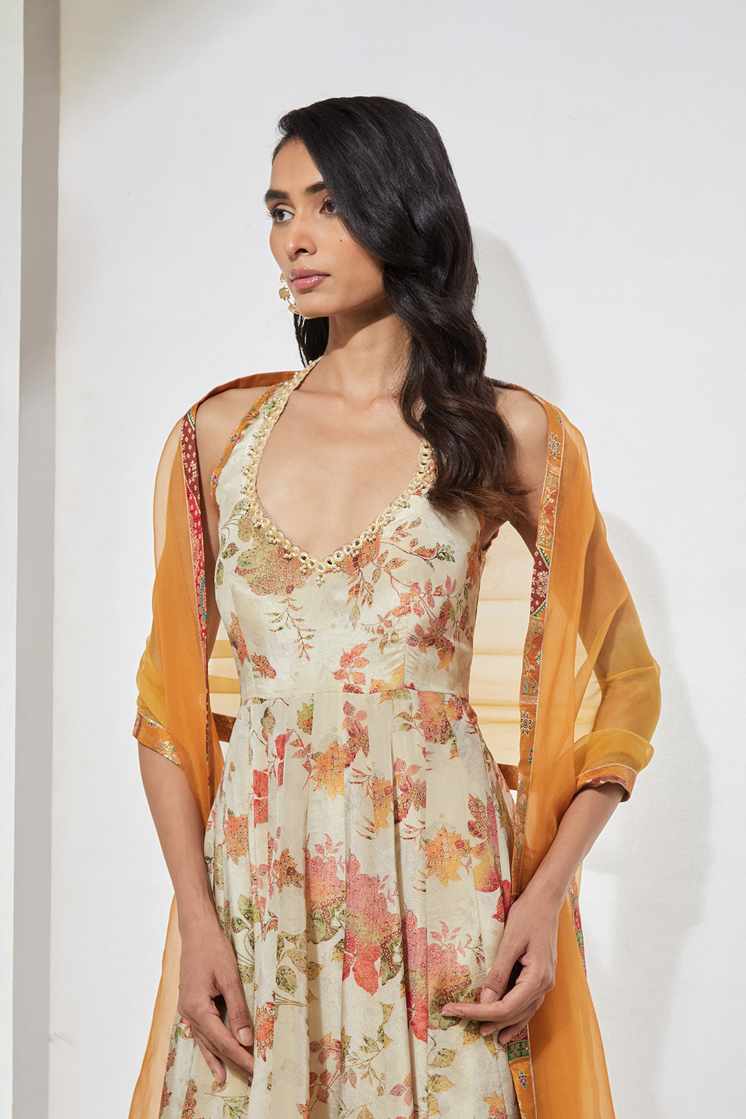 Ivory Floral Printed Anarkali Set