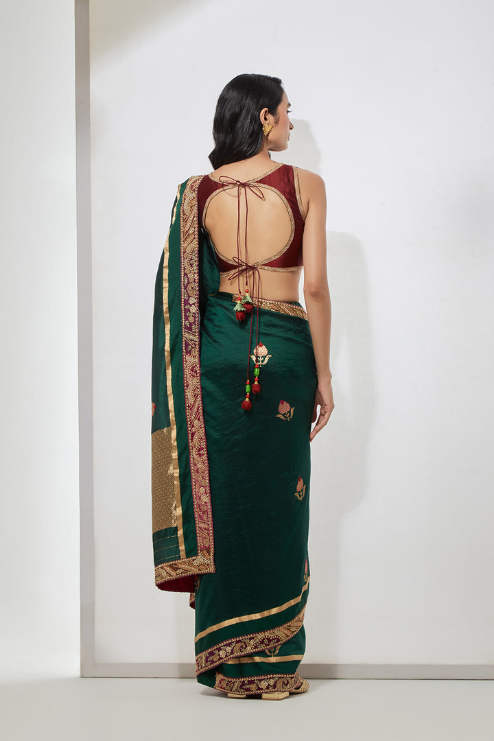 Emerald Green Embroidered Saree With Heavy Zardozi Blouse