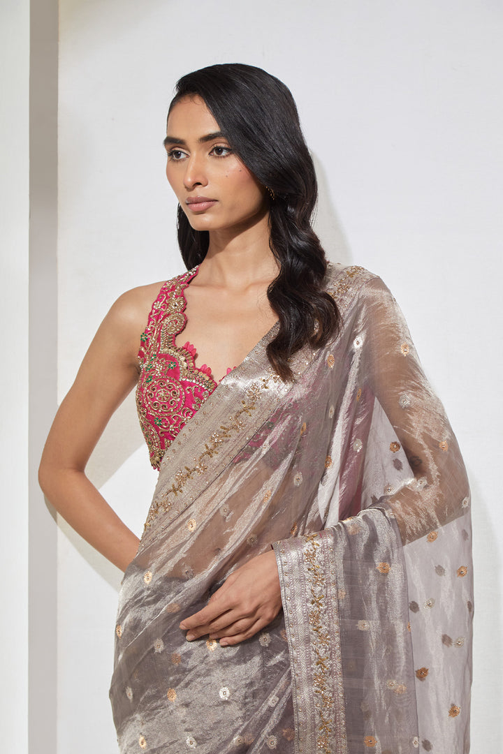 Ash Grey Tissue Organza Saree with Zardozi Border &amp; Hot Pink Embroidered Blouse