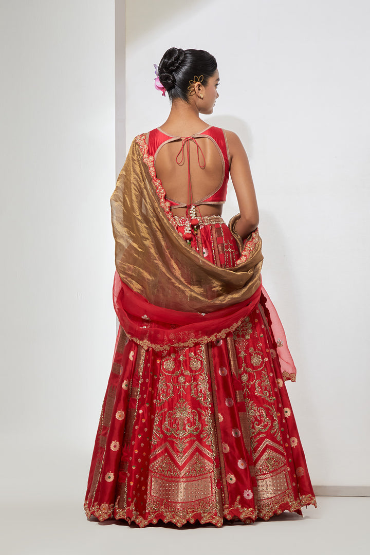 Bridal Red Multi-Panel Banarasi Silk Lehenga Set with Heavy Zardozi Scalloped Blouse