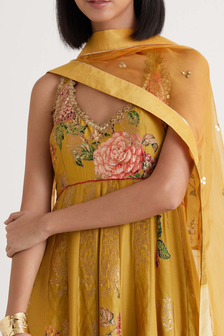Mustard printed embroidered anarkali with dupatta
