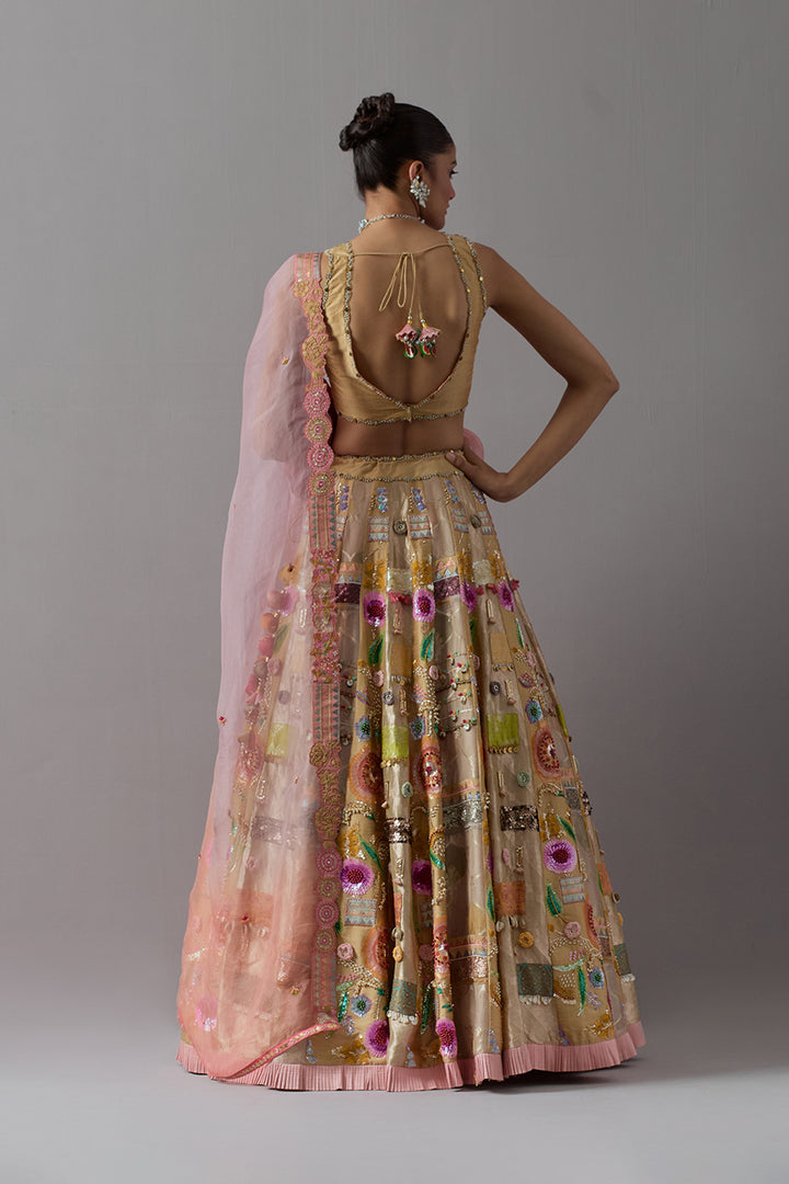 Beige Gold Embroidered Lehenga Set with Blush Pink Dupatta