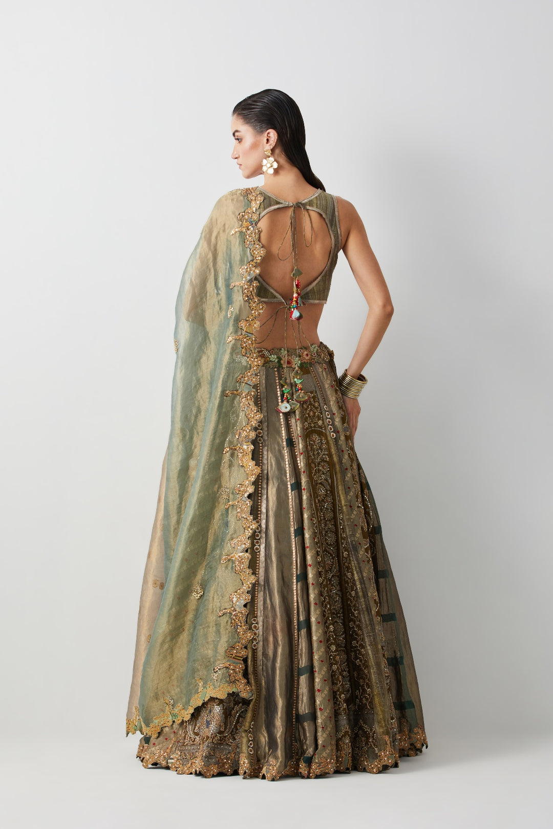Olive Green Hand Embroidered Silk Brocade Lehenga Set