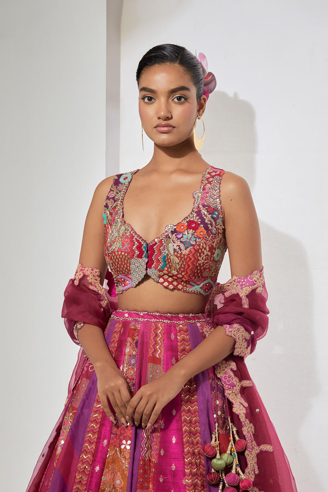 Fuchsia Pink Patchwork Banarasi Silk Lehenga Set with Heavy Multicolor Embroidered Blouse