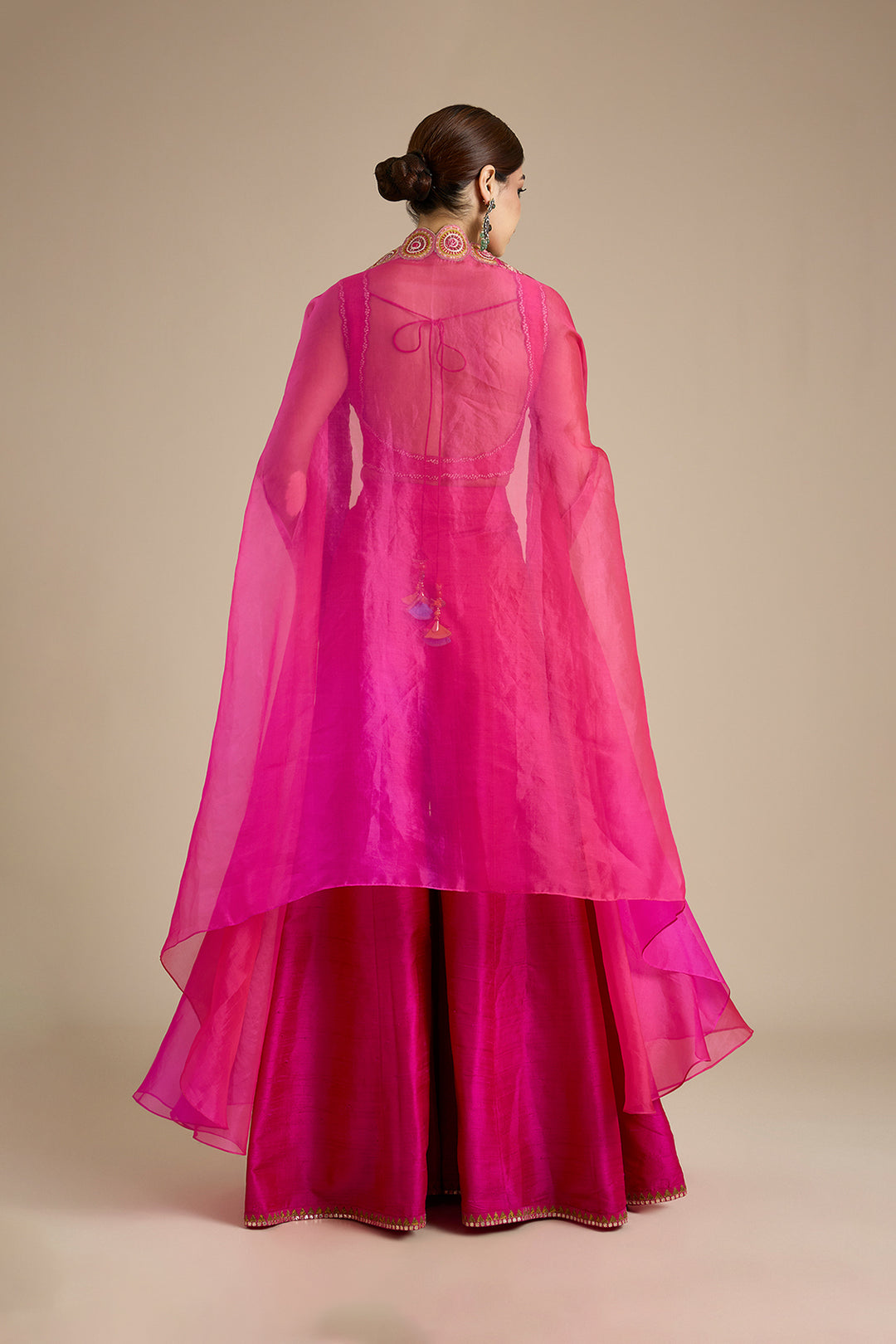 Fuchsia Pink Embroidered Cape &amp; Sharara Set | RTS