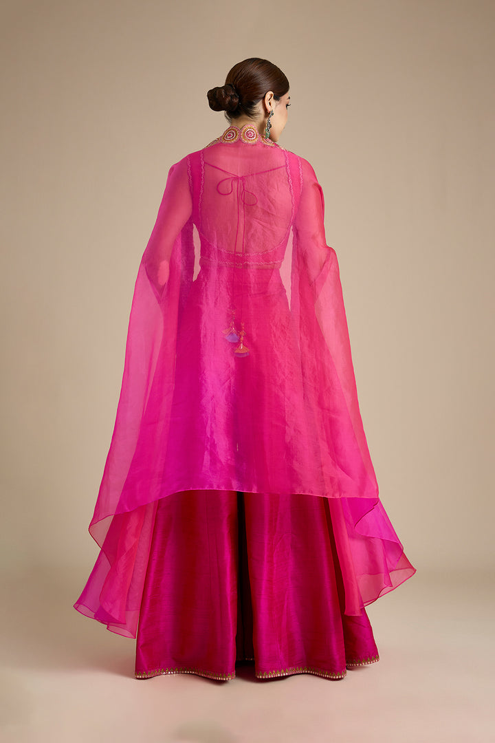 Fuchsia Pink Embroidered Cape &amp; Sharara Set | RTS