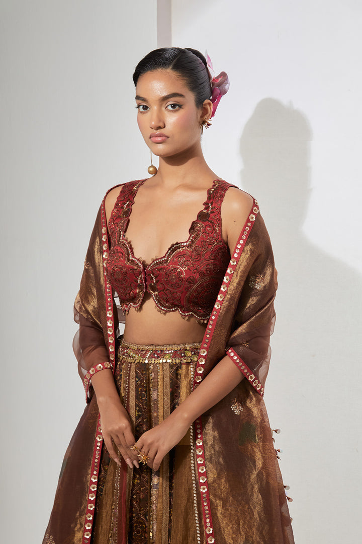 Rust Red &amp; Antique Gold Striped Panel Lehenga Set with Heavy Scalloped Corset Blouse