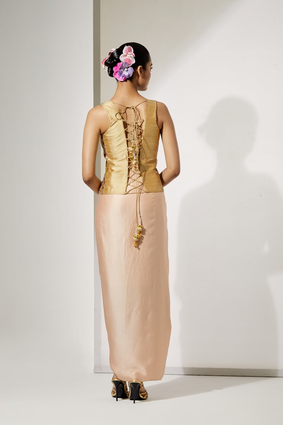 Champagne Embroidered Corset &amp; Drape Skirt Set