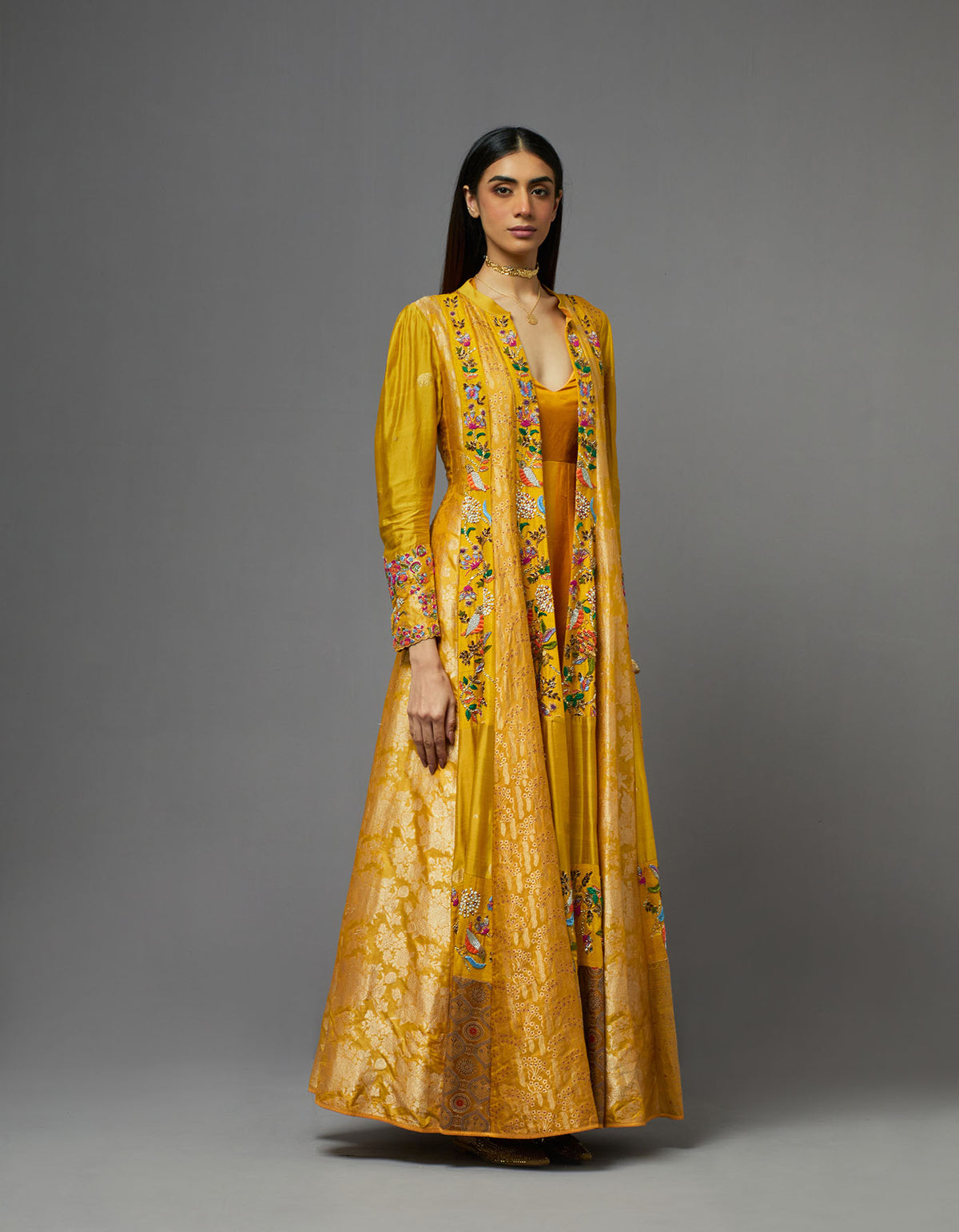 Yellow Embroidered Jacket and Kalidar Set