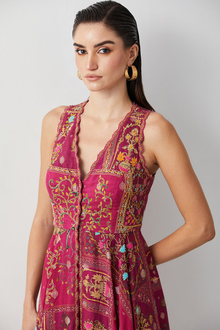 Magenta embroidered peplum skirt set