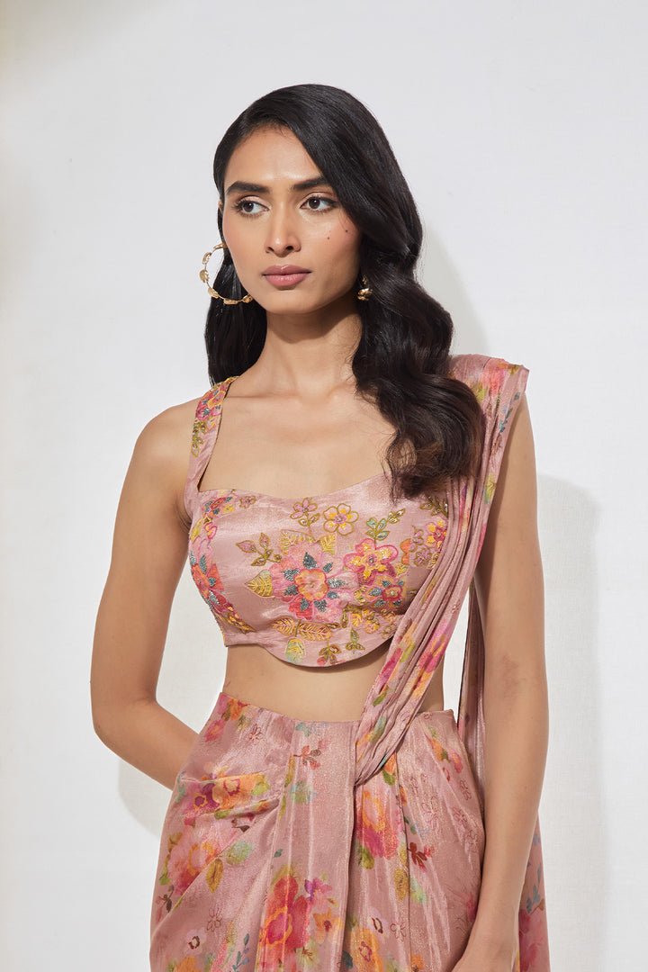 Blush Pink Floral Printed Pre-Draped Saree with Corset Blouse