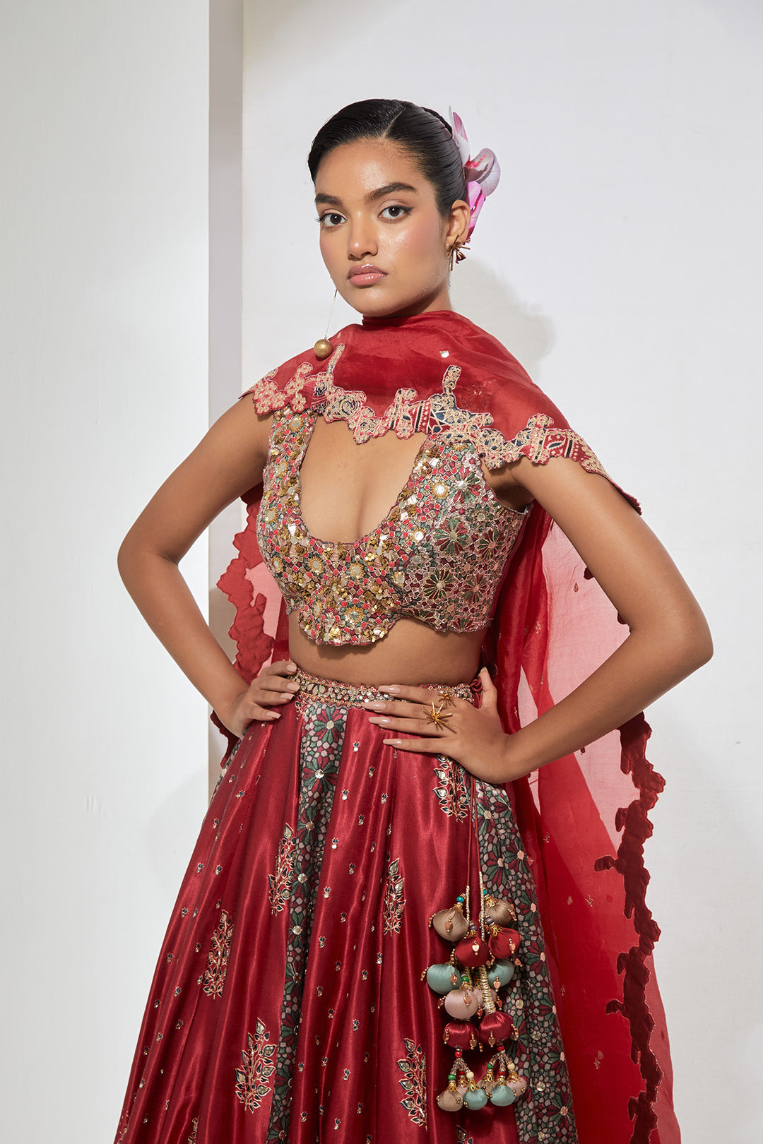 Cherry Red Ajrakh Printed Silk Lehenga Set with 3D Mirror &amp; Gota Heavy Blouse