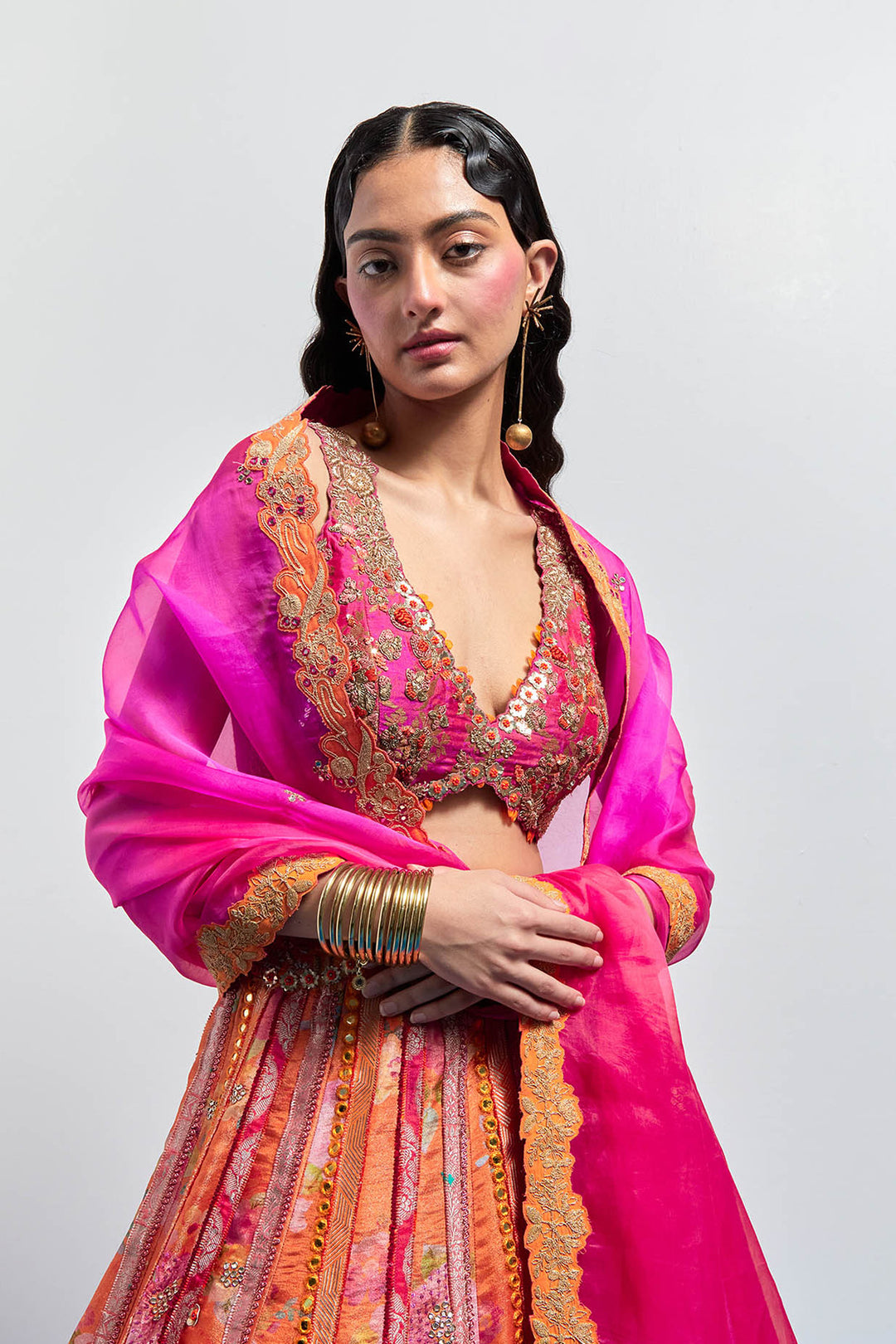 Orange printed embroidered lehenga dupatta set