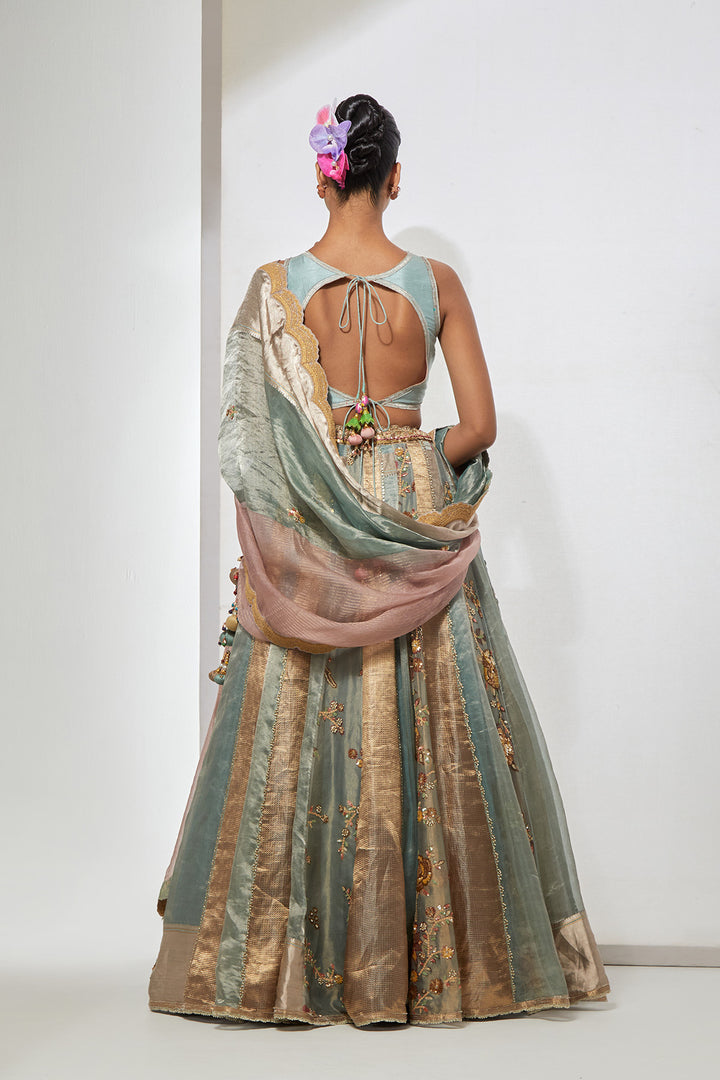 Aqua Floral Embroidered Lehenga Set with Bralette Blouse &amp; Dupatta