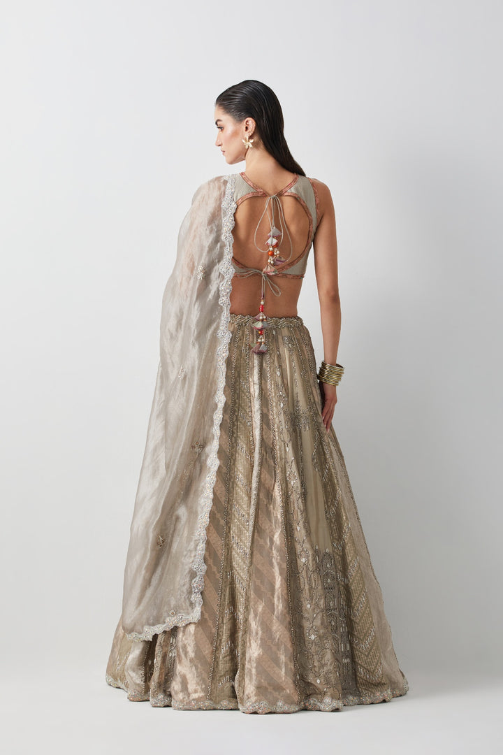 Silver Hand Embroidered Silk Brocade Lehenga Set