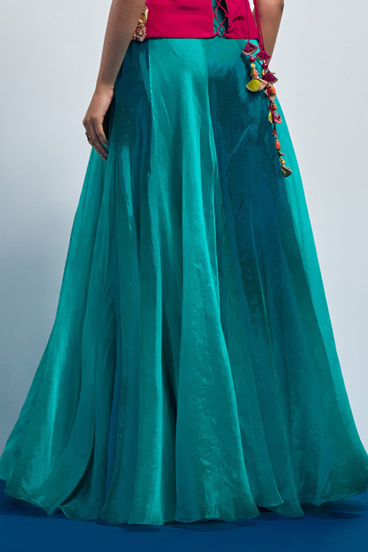 Teal Organza Flared Lehenga Skirt+Mustard Cheetah &amp; Floral Threadwork Waistcoat