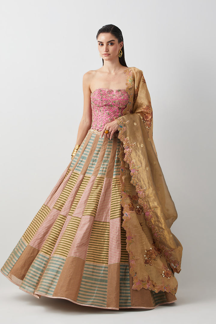 Mauve &amp; Gold embroidered corset lehenga set