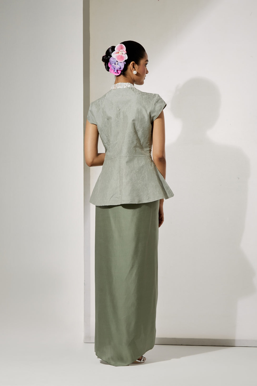 Sage Foil Silk Top &amp; Draped Satin Skirt Set
