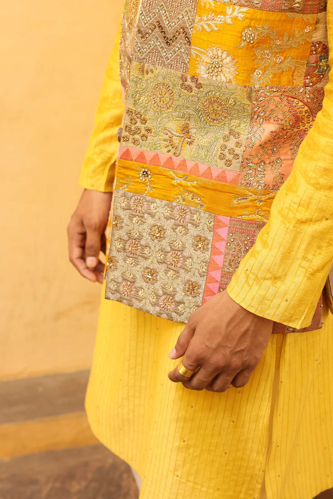 Mustard kurta set with textured jacket