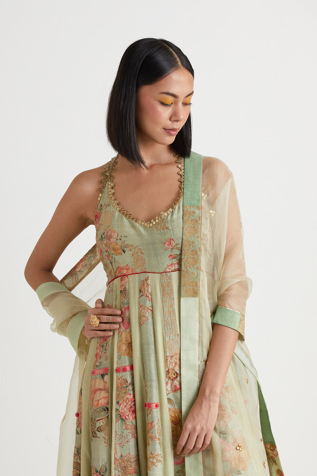 L. green printed embroidered anarkali with dupatta
