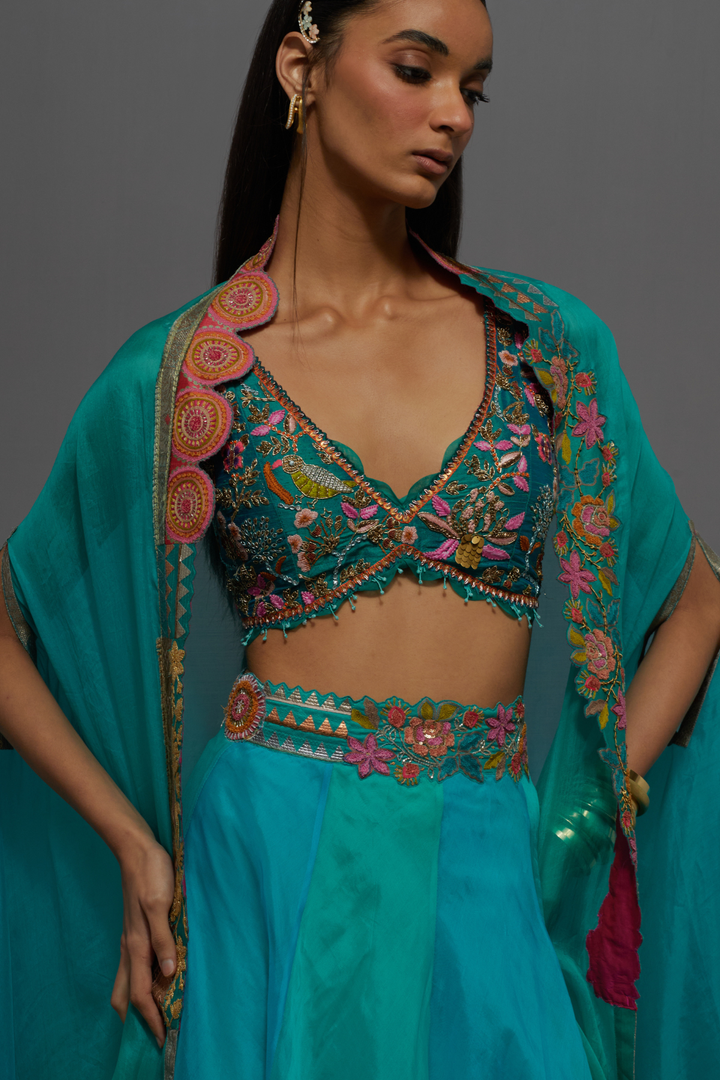 Turquoise blue embroidered skirt, cape and blouse set