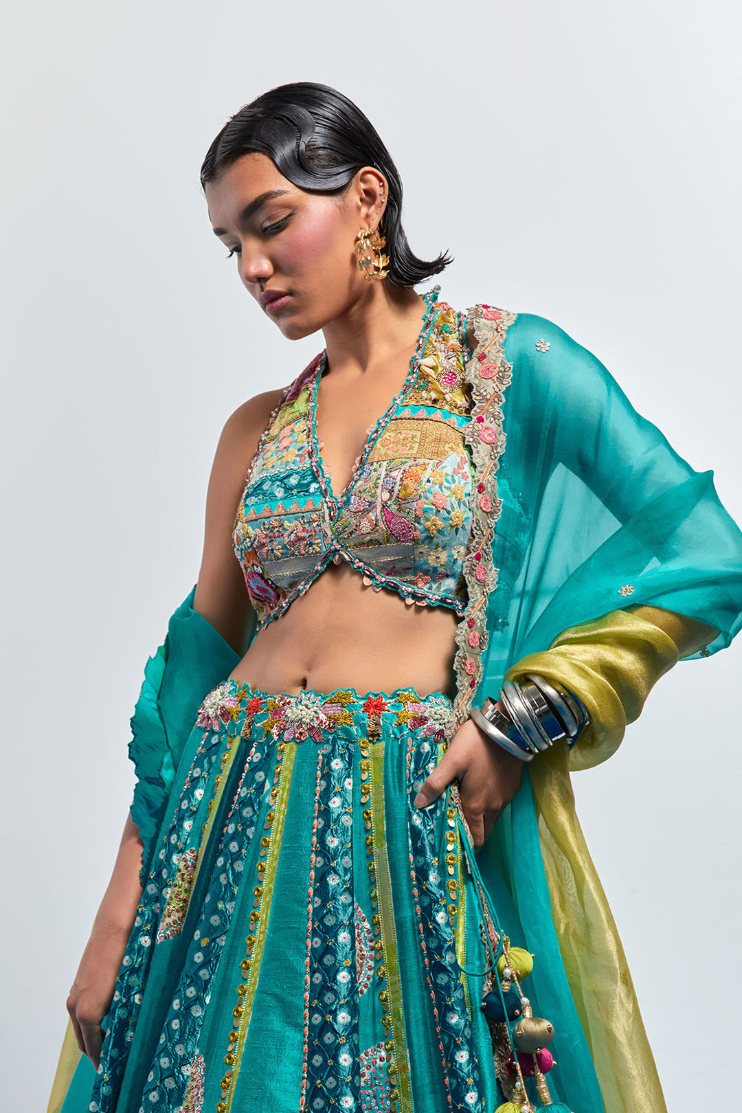 Sea green multi colour embroidered lehenga set