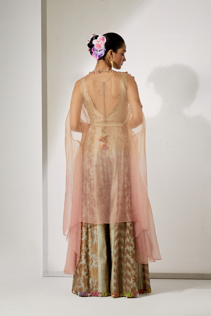 Beige Gold Embroidered Sharara Set with Organza Cape