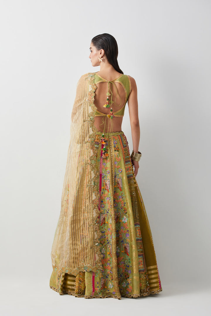 Lime Yellow Hand Embroidered Silk Lehenga Set