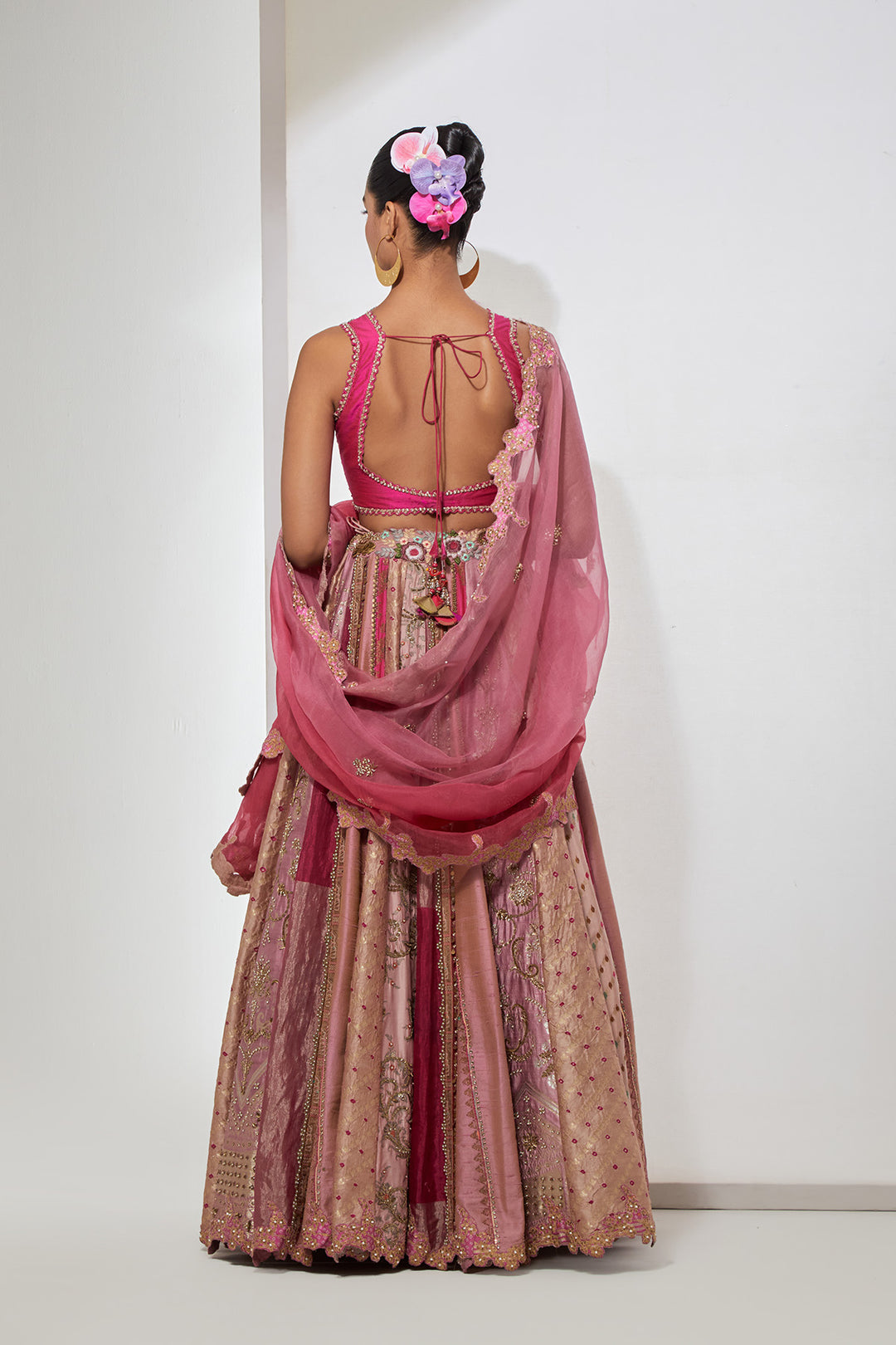 Baby Pink &amp; Hot Pink Multi-Panel Banarasi Silk Lehenga Set with Heavy Zardozi Scalloped Blouse