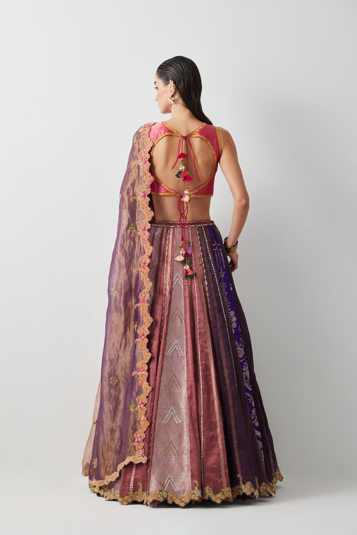 Multicolour Tissue &amp; Silk Hand Embroidered Lehenga Set