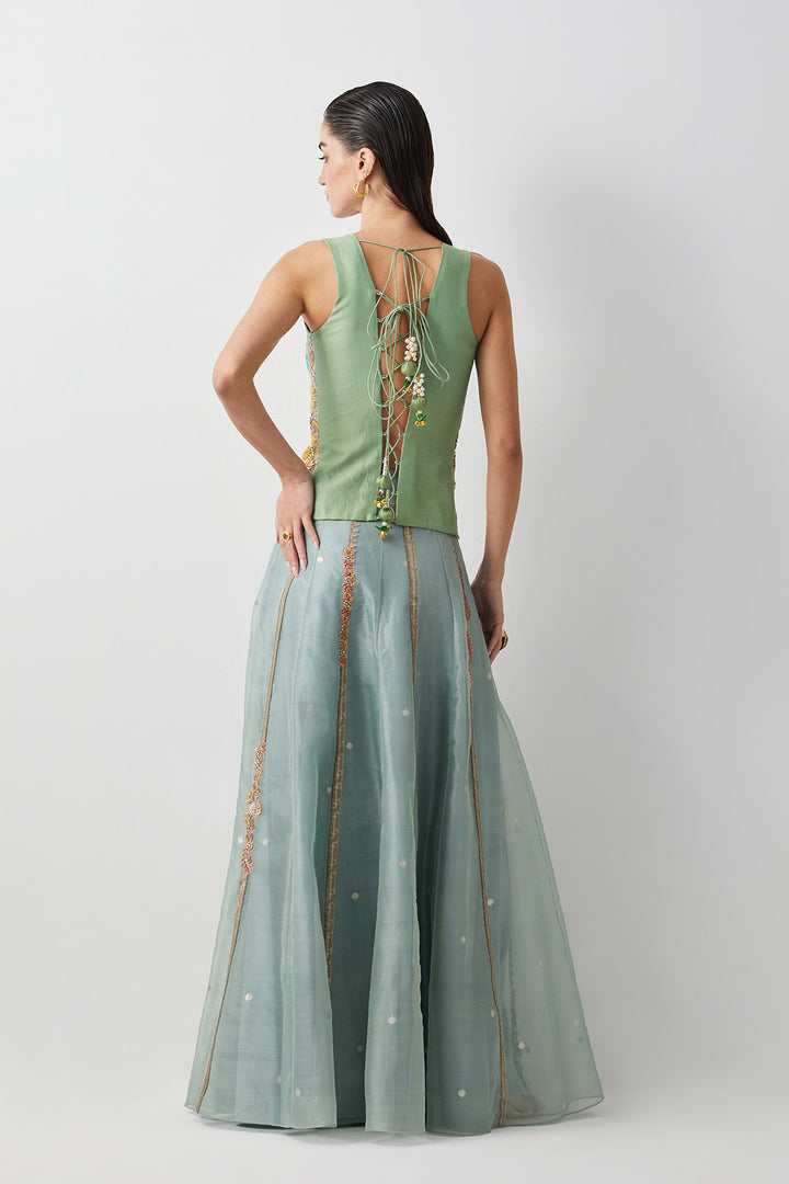 Aqua embroidered skirt corset set