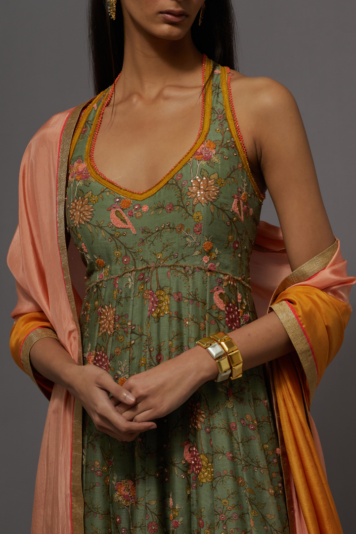 Olive green embroidered anarkali gown with dupatta