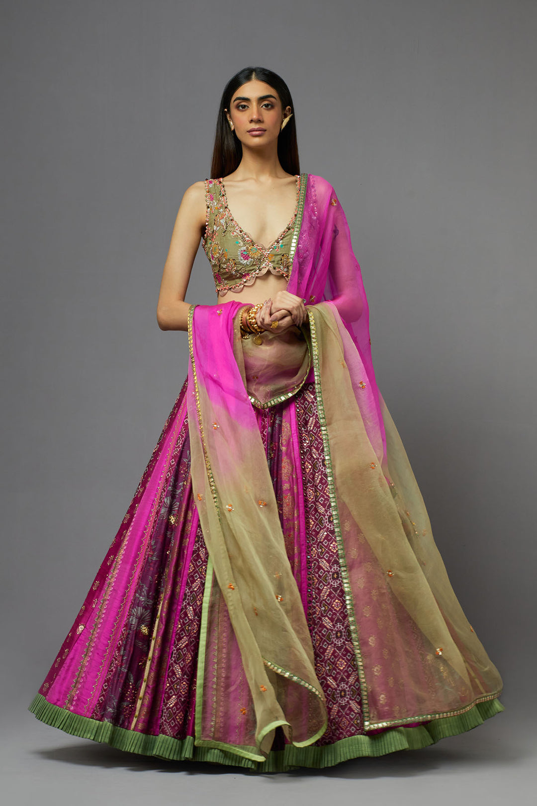 Hot pink Embroidered lehenga set with ombre dupatta