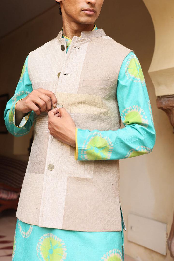 Ferozi Silk Kurta Set with Beige Tissue Jacket