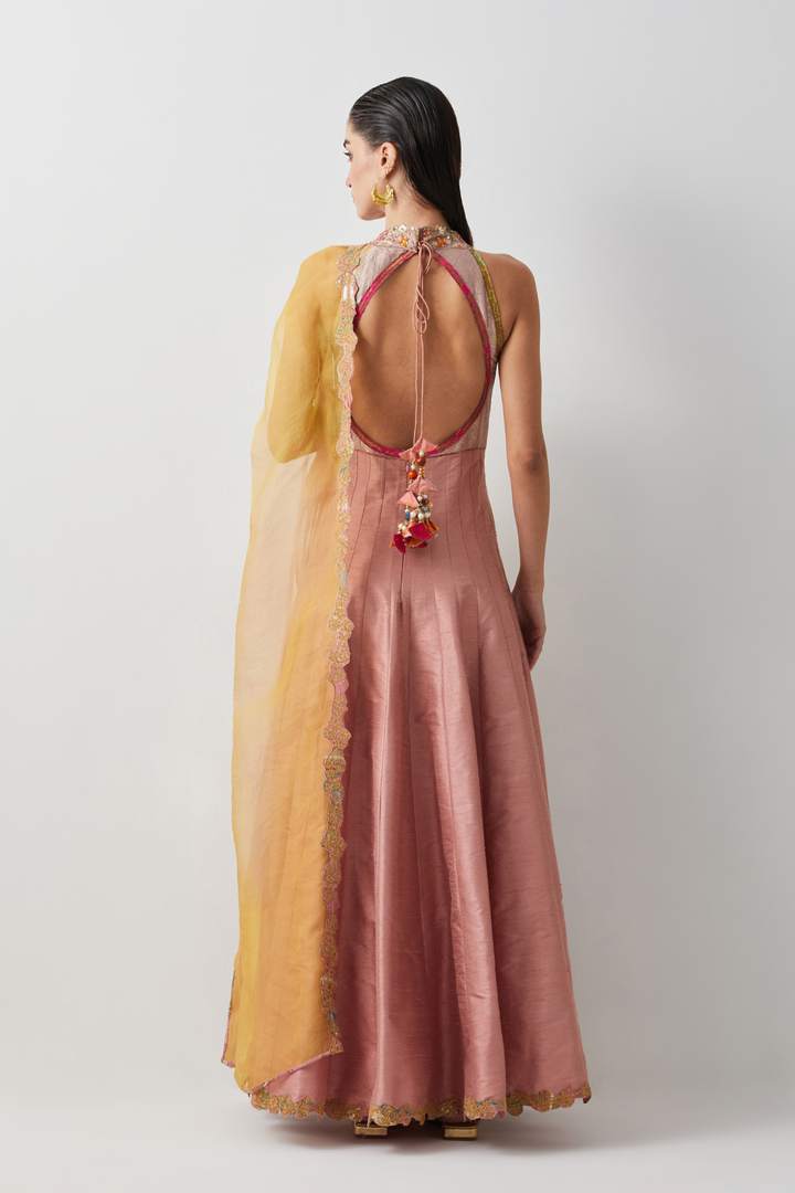 Rose Pink Silk Embroidered Anarkali Set