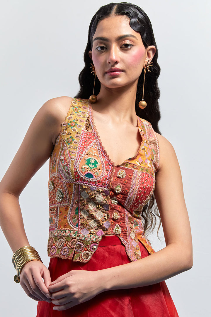 Sunset Patchwork Embroidered Corset+Yellow Organza Skirt with Floral Thread Embroidery