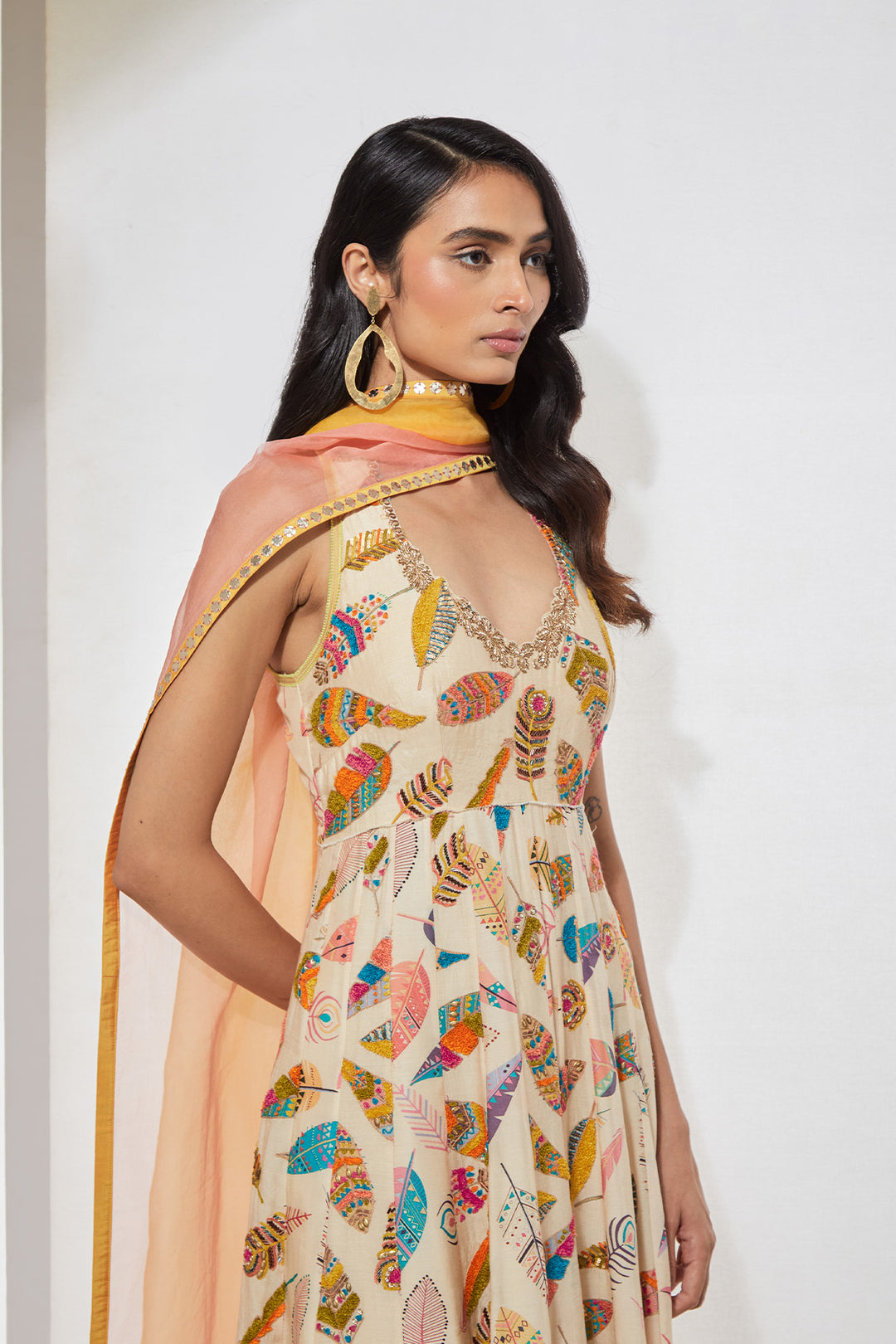 Ivory Feather Print Embellished Anarkali