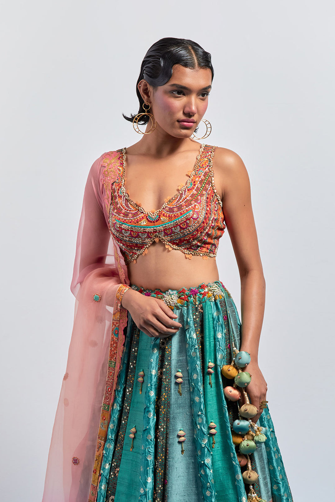 Teal green embroidered lehenga set