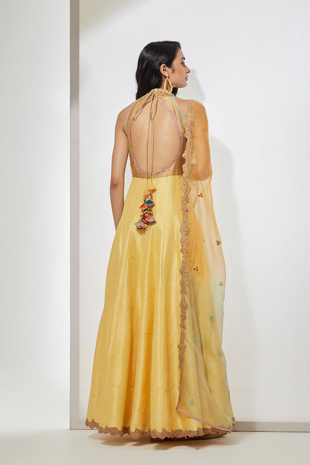 Mustard Yellow Sleeveless Anarkali with Multicolor Threadwork &amp; Tassel Detailing