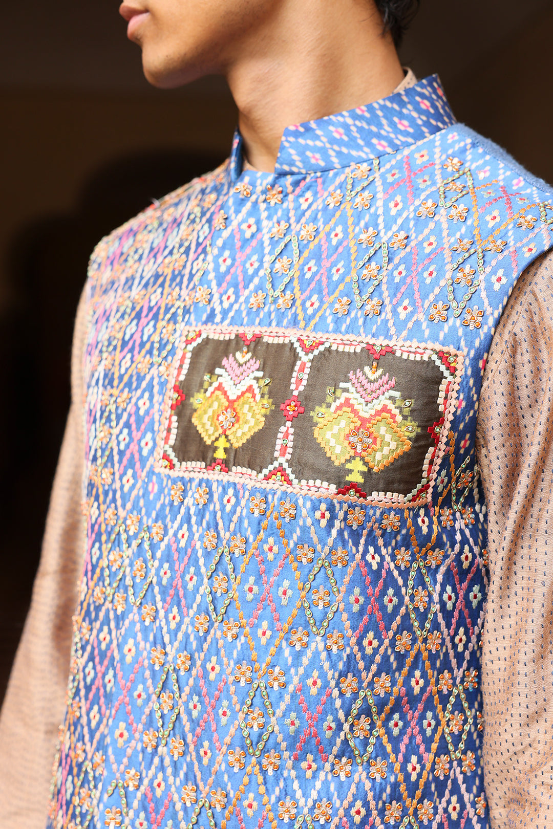 Royal Blue Silk Ikat Patchwork Bandi Set
