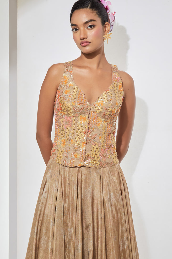 Champagne Gold Embellished Corset with Brocade Skirt Set